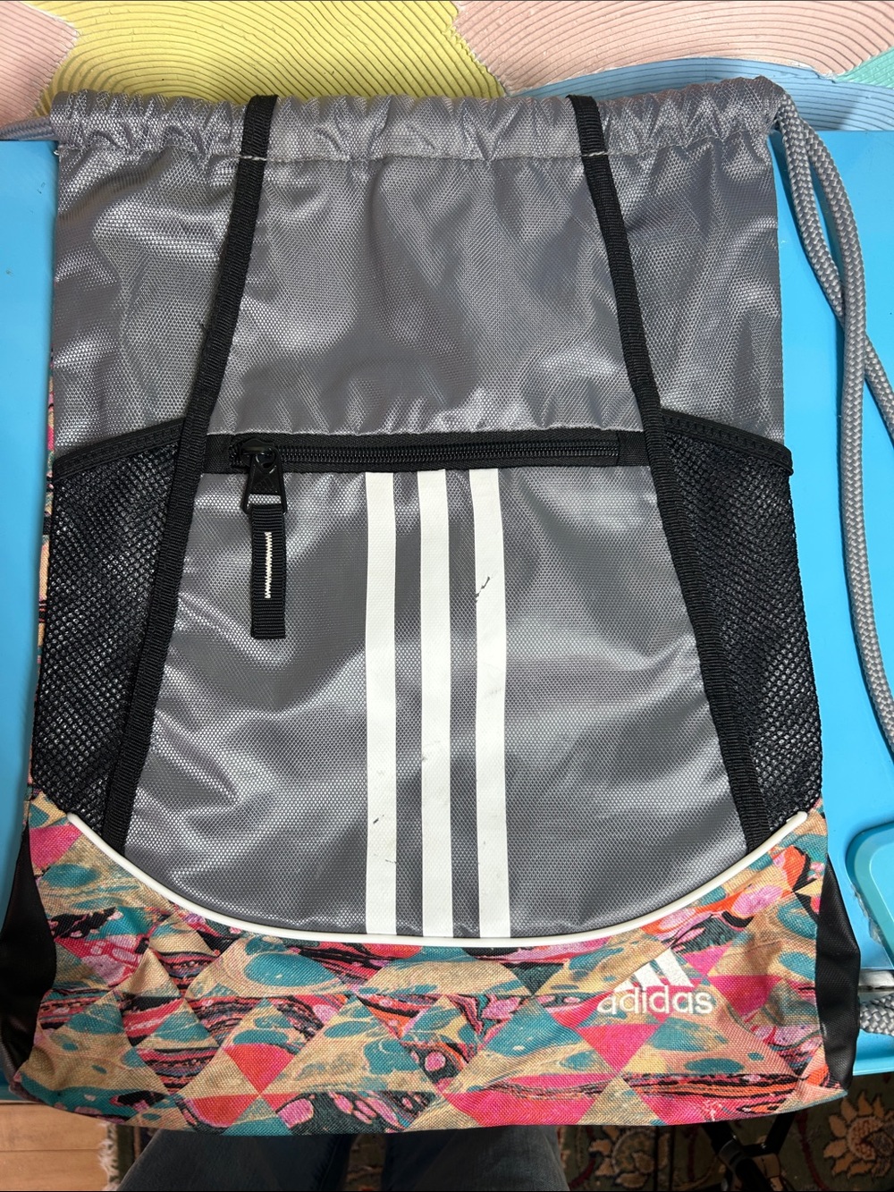 Silver Drawstring Backpack with Accent Print - Picture 3 of 12